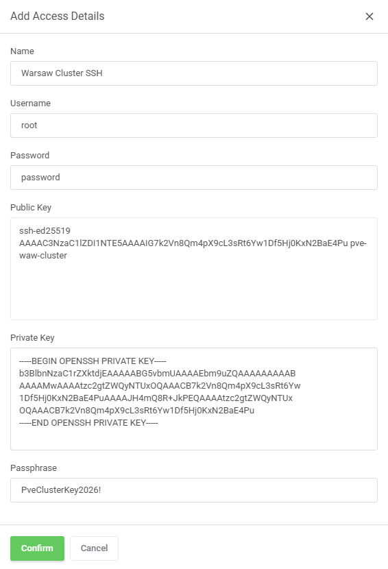 Proxmox VE VPS And Cloud For WHMCS: Add Access Details form with username, password, SSH keys and passphrase