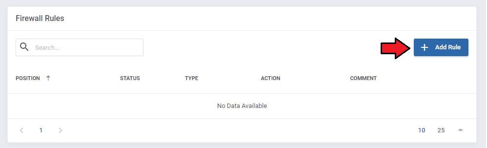 Proxmox VE VPS And Cloud For WHMCS: Firewall Rules table in a firewall template with the Add Rule button