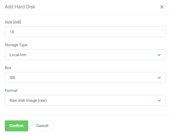 Proxmox VE VPS And Cloud For WHMCS: Add Hard Disk dialog with Size, Storage Type, Bus and Format fields