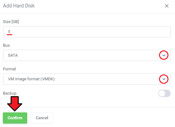Proxmox VE VPS And Cloud For WHMCS: Add Hard Disk dialog with size, bus, format and backup switch
