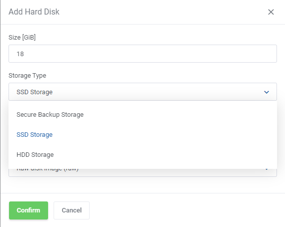 Proxmox VE VPS And Cloud For WHMCS: Add Hard Disk dialog with the Storage Type dropdown of custom storage names