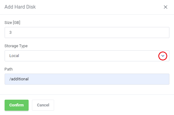 Proxmox VE VPS And Cloud For WHMCS: Add Hard Disk dialog with size, Storage Type dropdown and path fields