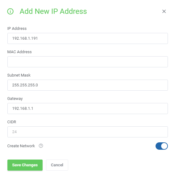 Proxmox VE VPS And Cloud For WHMCS: Add New IP Address dialog with gateway, CIDR and the Create Network switch