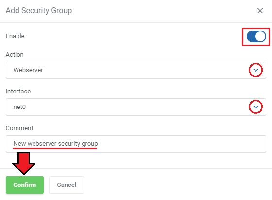 Proxmox VE VPS And Cloud For WHMCS: Add Security Group dialog with action, interface and comment fields