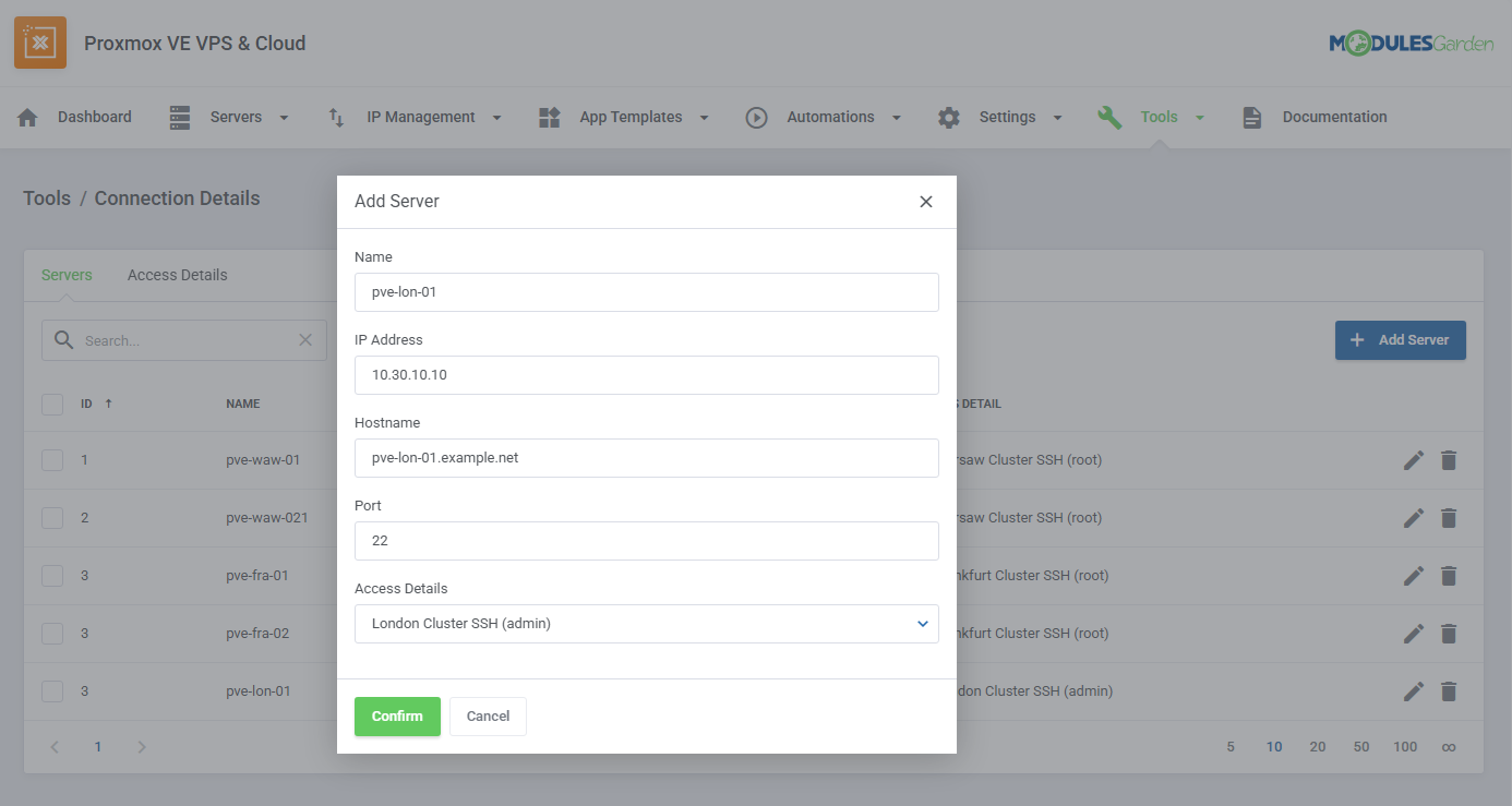 Proxmox VE VPS And Cloud For WHMCS: Add Server form with name, IP address, hostname, port and Access Details dropdown
