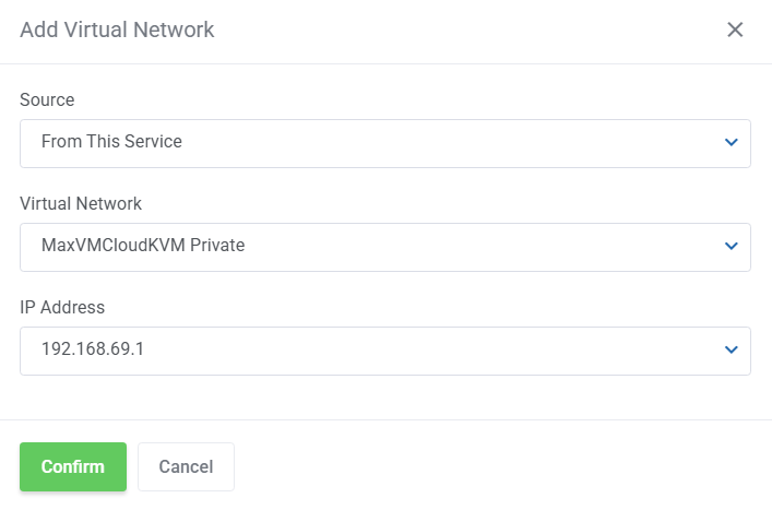 Proxmox VE VPS And Cloud For WHMCS: Add Virtual Network dialog with the From This Service source and IP address