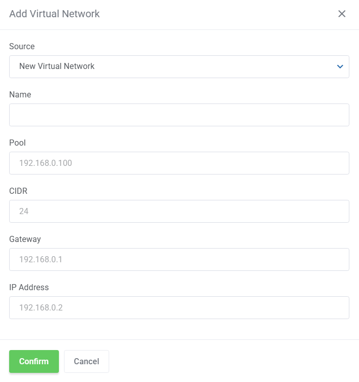 Proxmox VE VPS And Cloud For WHMCS: Add Virtual Network dialog with New Virtual Network source, pool, CIDR and gateway