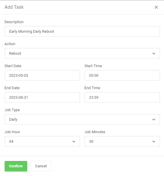 Proxmox VE VPS And Cloud For WHMCS: client area Add Task form for a VM power task with action, dates, job type and time
