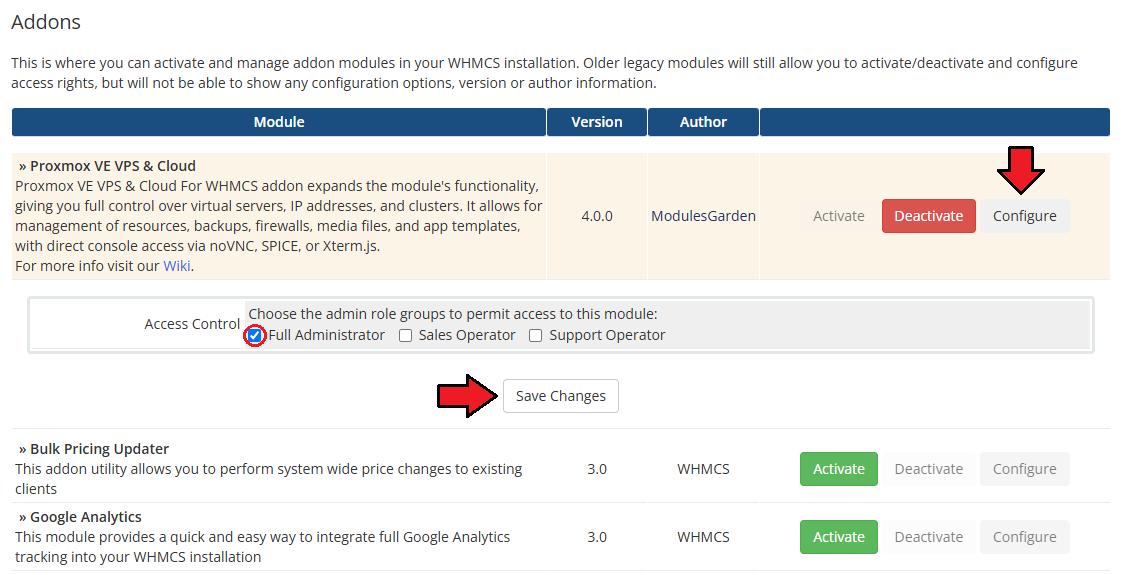 Proxmox VE VPS And Cloud For WHMCS: addon Configure panel with Full Administrator ticked and Save Changes button
