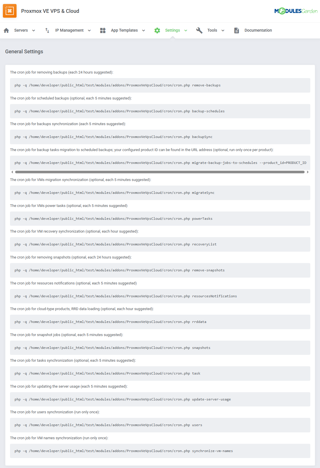Proxmox VE VPS And Cloud For WHMCS: addon General Settings page listing the cron job commands for the module