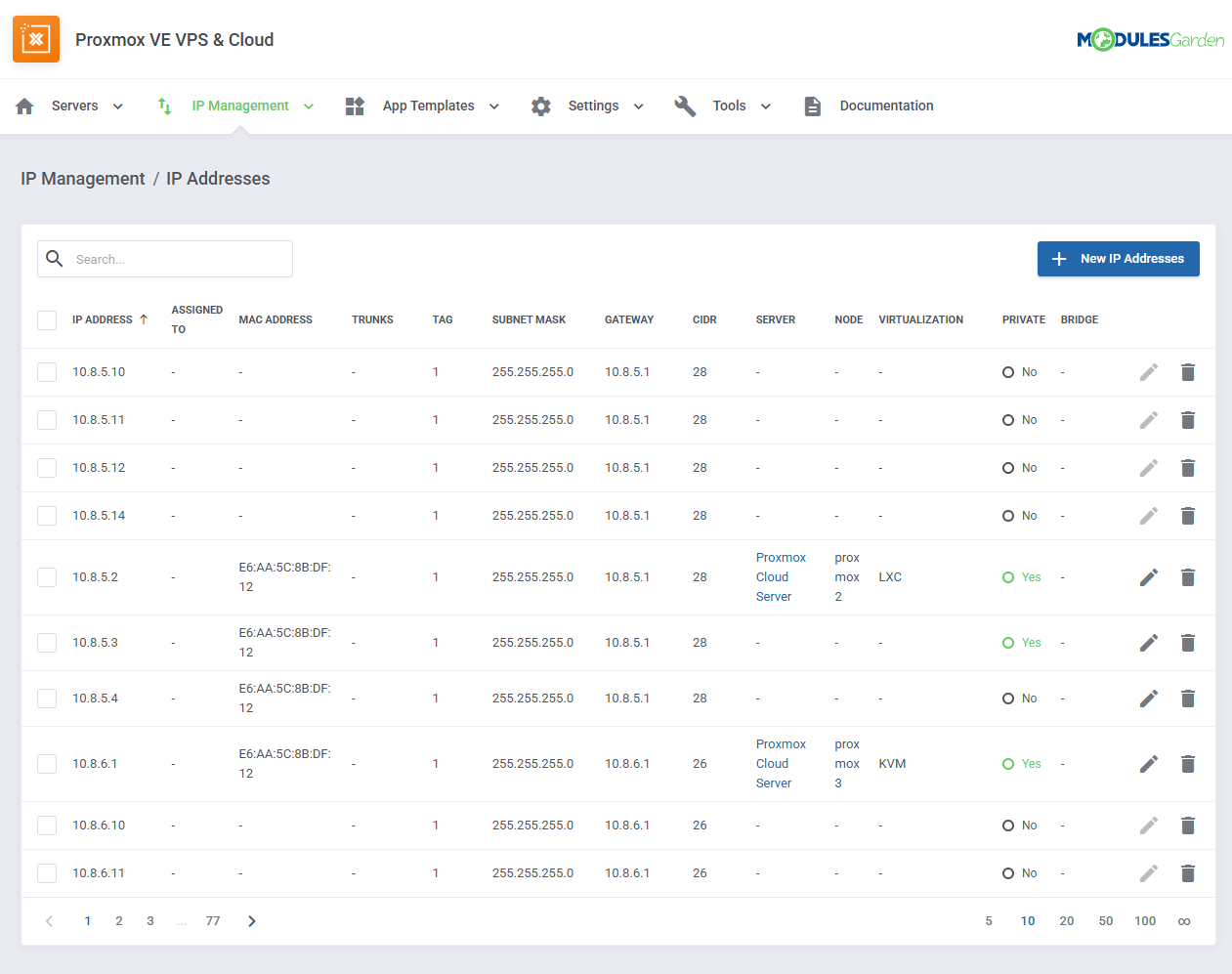 Proxmox VE VPS And Cloud For WHMCS: addon IP Management page listing IP addresses with the New IP Addresses button