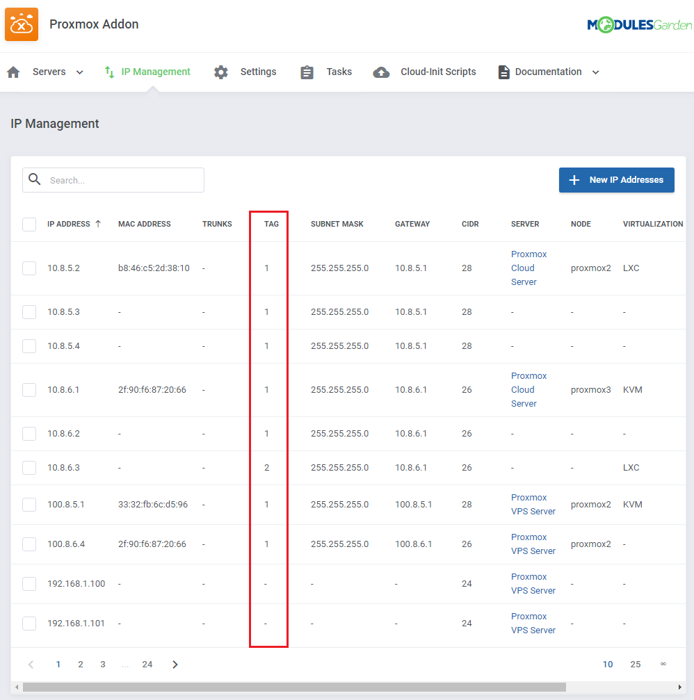 Proxmox VE VPS And Cloud For WHMCS: Proxmox addon IP Management list with the Tag column highlighted