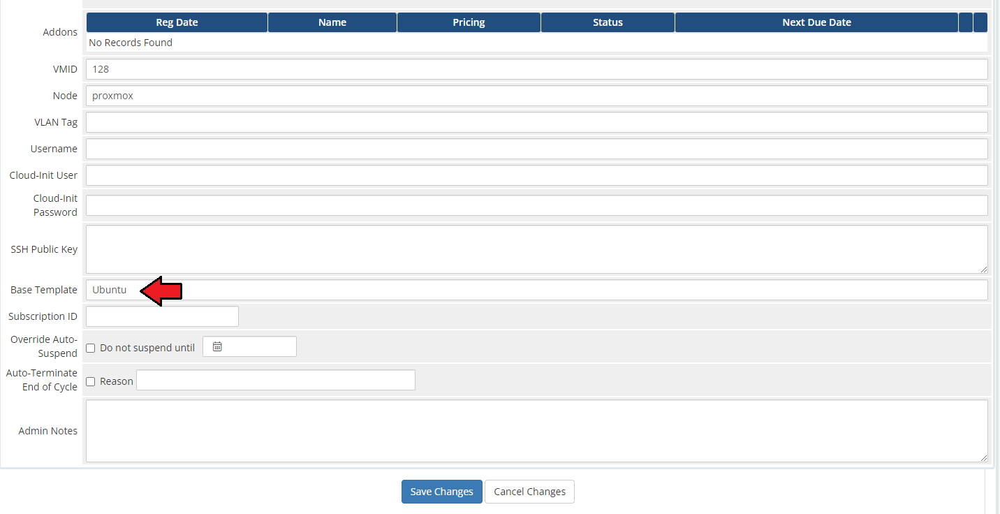 Proxmox VE VPS And Cloud For WHMCS: admin client product page with the Base Template custom field set to Ubuntu