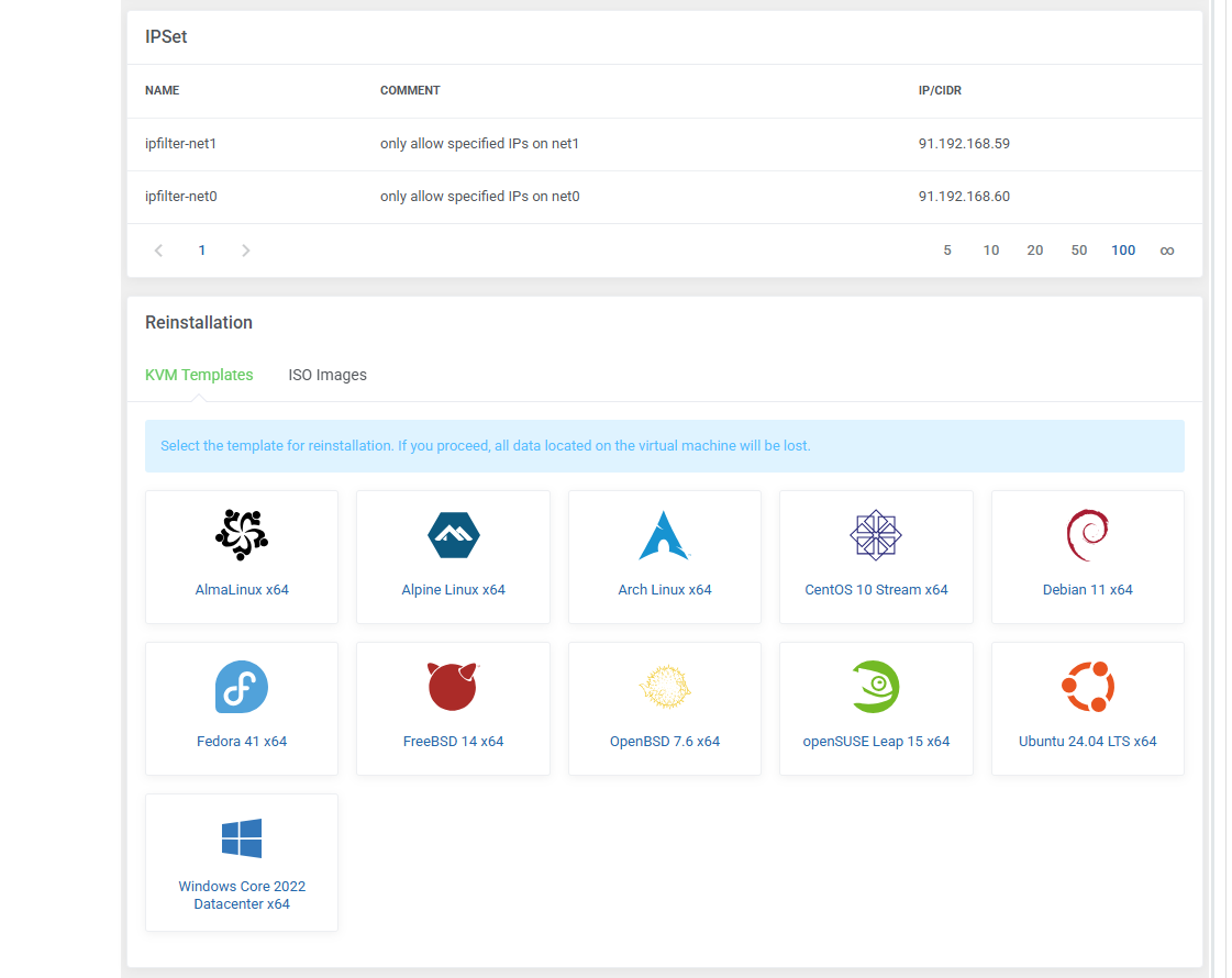 Proxmox VE VPS And Cloud For WHMCS: admin IPSet table and the Reinstallation panel with KVM templates