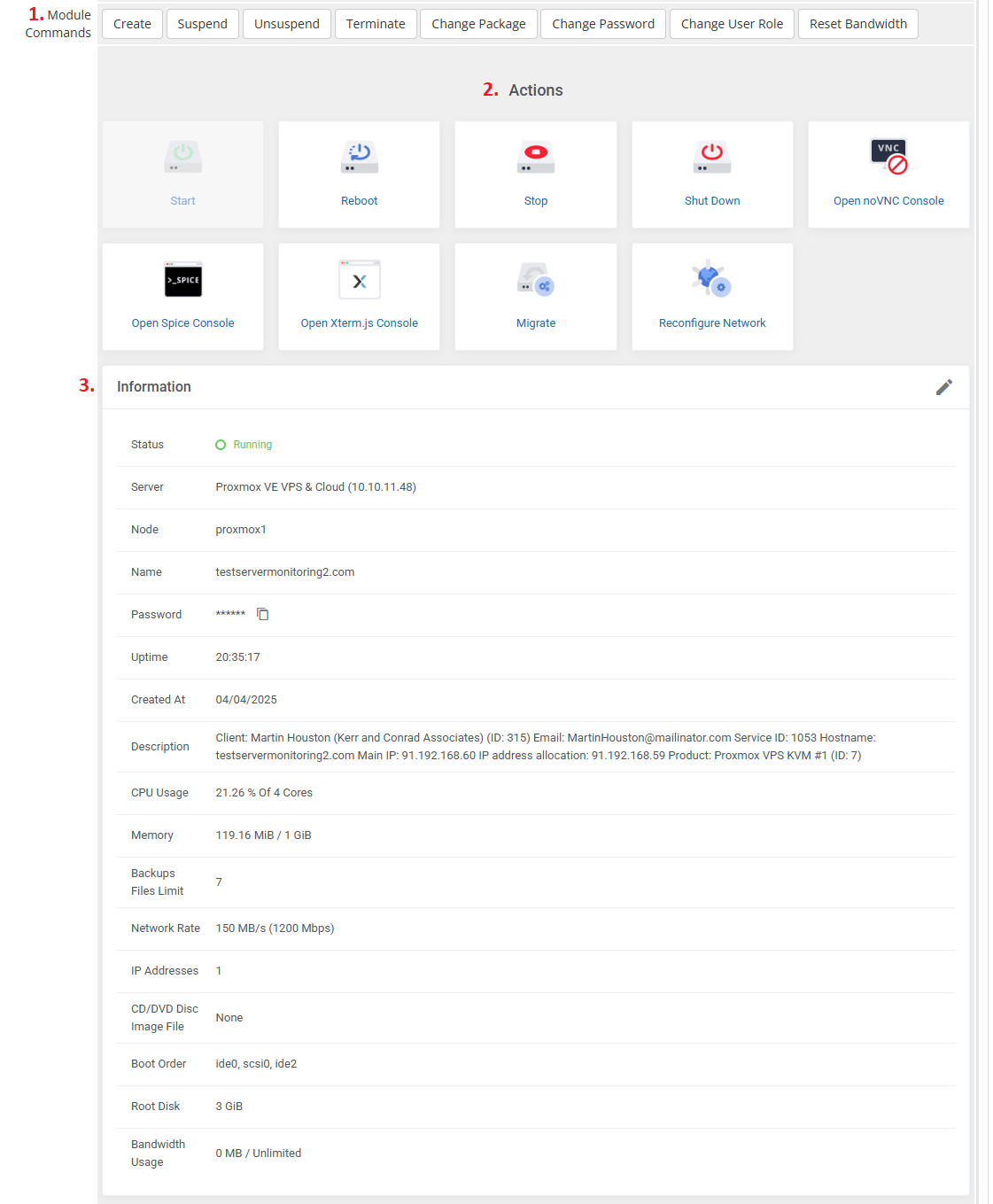 Proxmox VE VPS And Cloud For WHMCS: admin product page with module commands, VM actions and the Information table