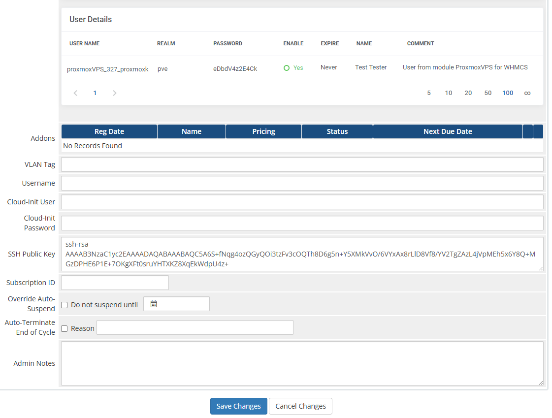 Proxmox VE VPS And Cloud For WHMCS: admin product page with user details, VLAN tag, SSH public key and Save Changes