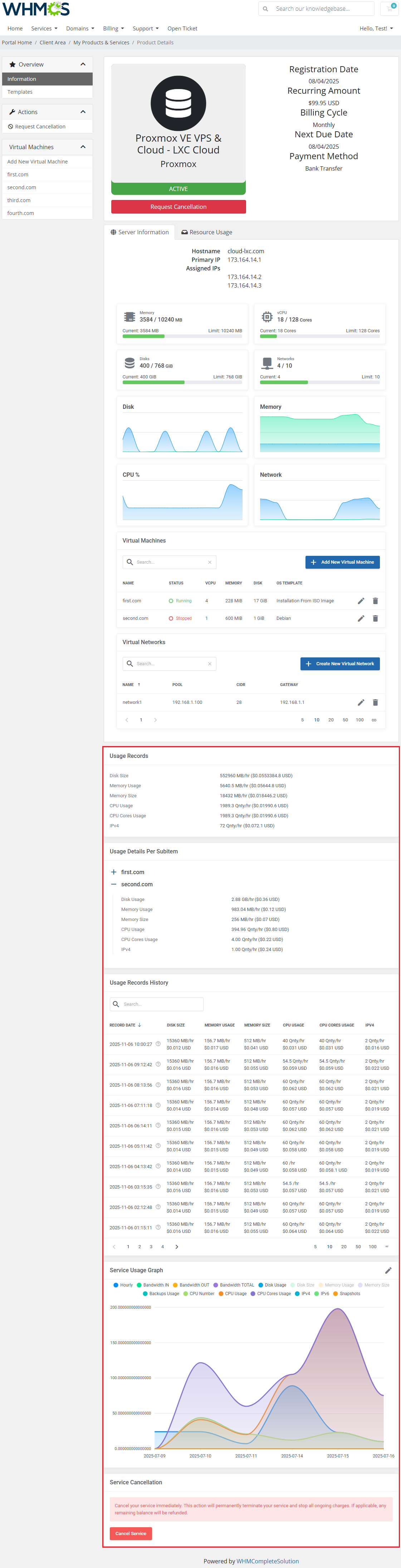 Proxmox VE VPS And Cloud For WHMCS: client area service page with usage records, per subitem details, history and usage