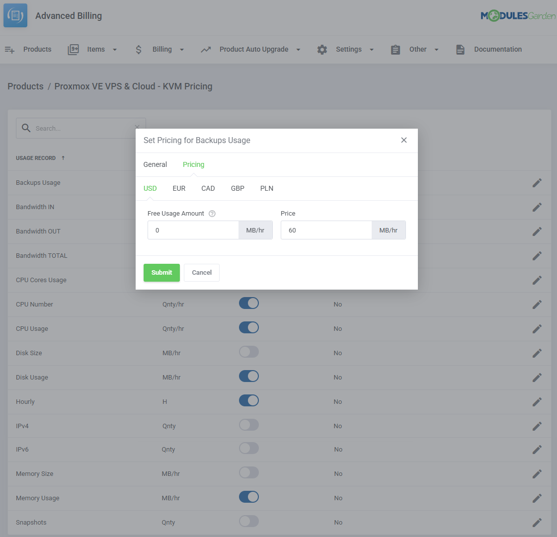 Proxmox VE VPS And Cloud For WHMCS: Advanced Billing pricing dialog for Backups Usage on a Proxmox product with USD