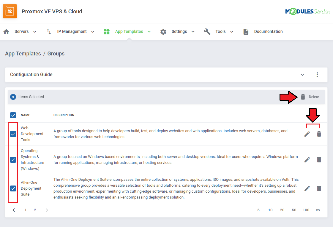Proxmox VE VPS And Cloud For WHMCS: App Templates, Groups list with three groups selected and delete actions marked