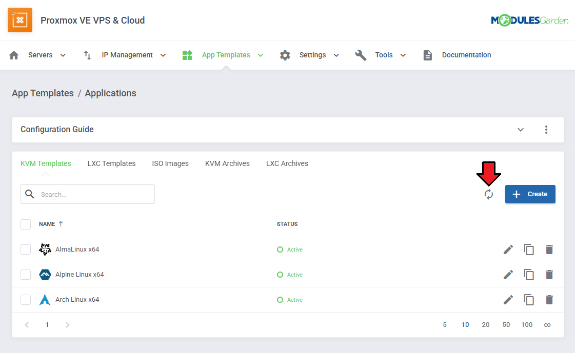 Proxmox VE VPS And Cloud For WHMCS: module App Templates Applications page with Linux KVM templates and the refresh