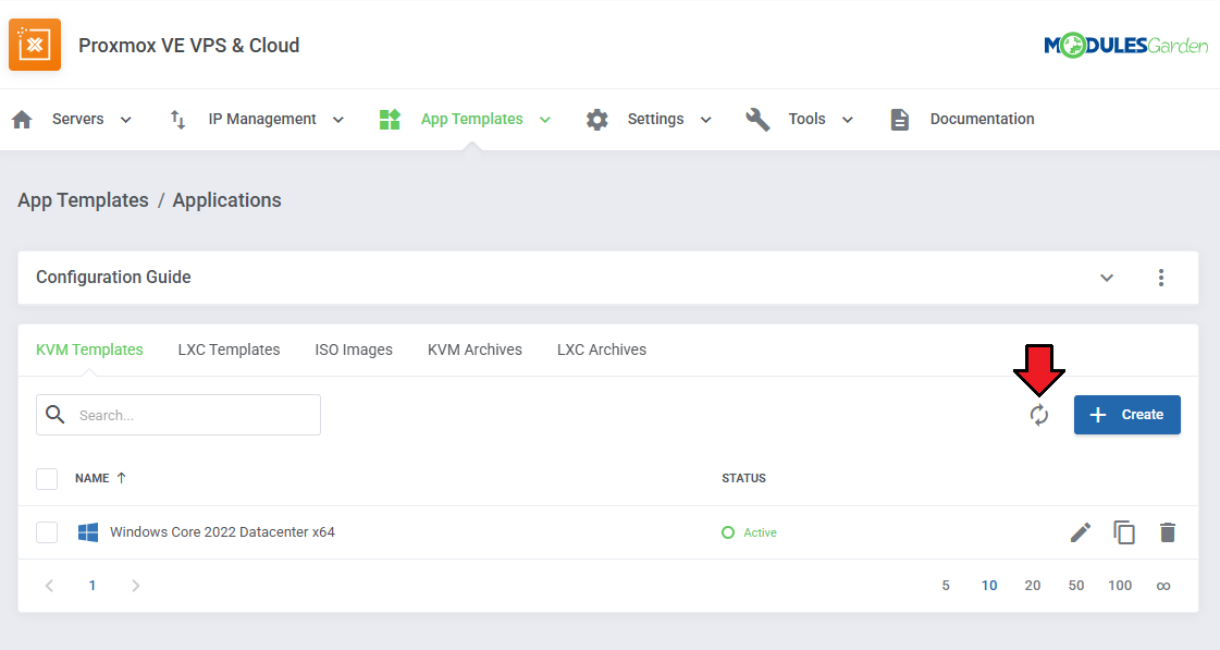 Proxmox VE VPS And Cloud For WHMCS: module App Templates Applications page with KVM templates and the refresh button