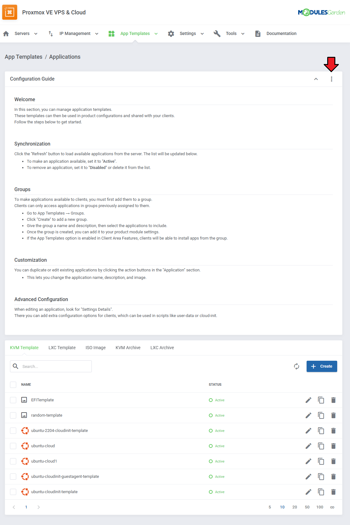 Proxmox VE VPS And Cloud For WHMCS: App Templates, Applications page with the Configuration Guide menu icon marked