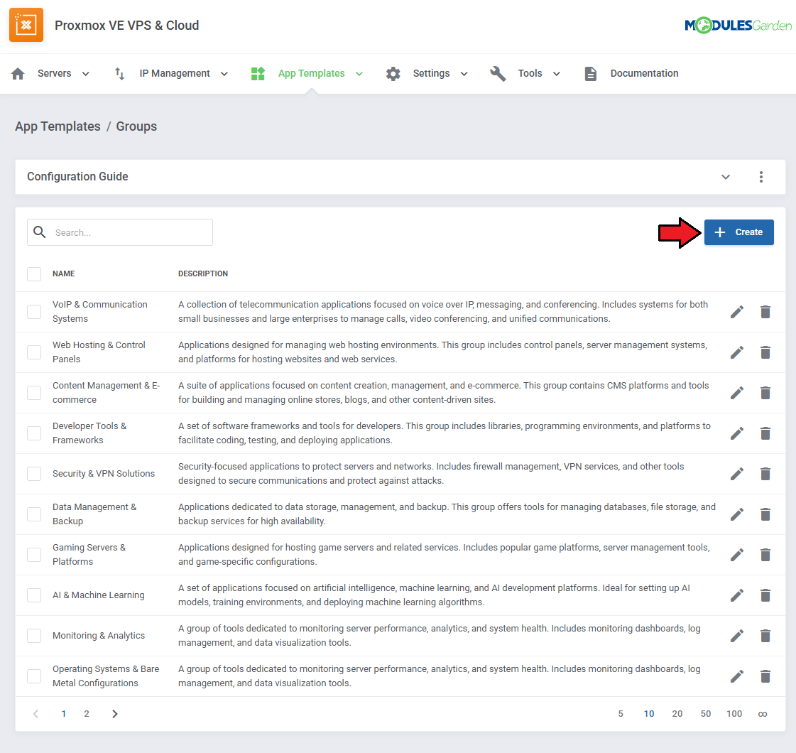Proxmox VE VPS And Cloud For WHMCS: App Templates, Groups page with the Create button marked