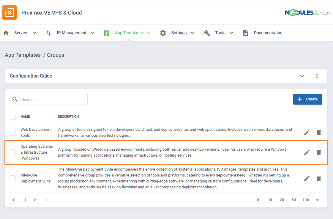 Proxmox VE VPS And Cloud For WHMCS: module App Templates Groups list with the Windows operating systems group