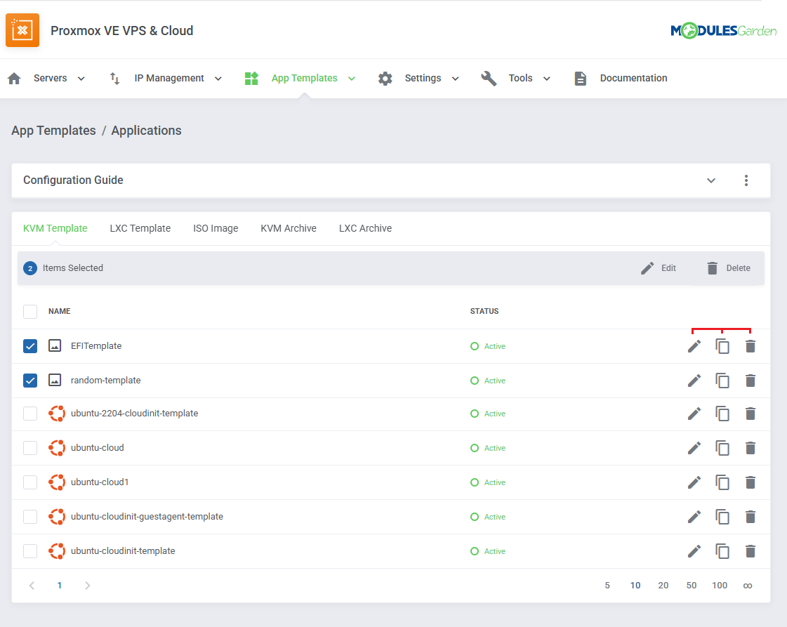 Proxmox VE VPS And Cloud For WHMCS: App Templates, Applications list with two items selected and action buttons marked