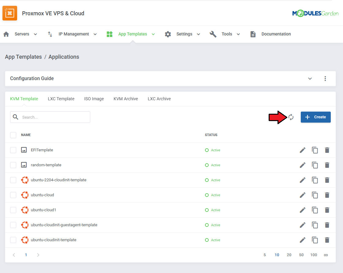 Proxmox VE VPS And Cloud For WHMCS: App Templates, Applications list with the refresh button marked