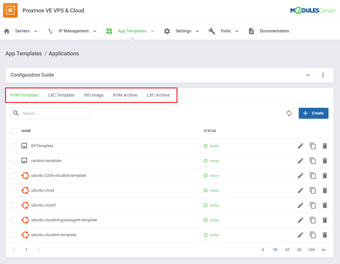 Proxmox VE VPS And Cloud For WHMCS: App Templates, Applications page with the KVM, LXC, ISO and archive tabs marked