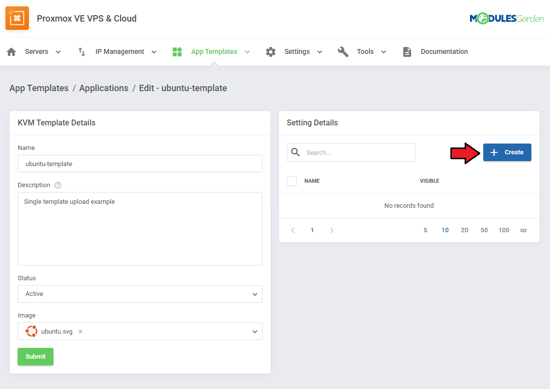 Proxmox VE VPS And Cloud For WHMCS: application edit page with KVM Template Details and the Setting Details Create