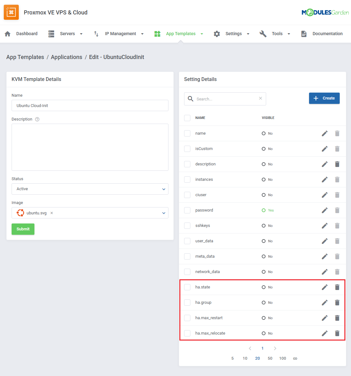 Proxmox VE VPS And Cloud For WHMCS: application Setting Details list with ha.state, ha.group and restart settings marked