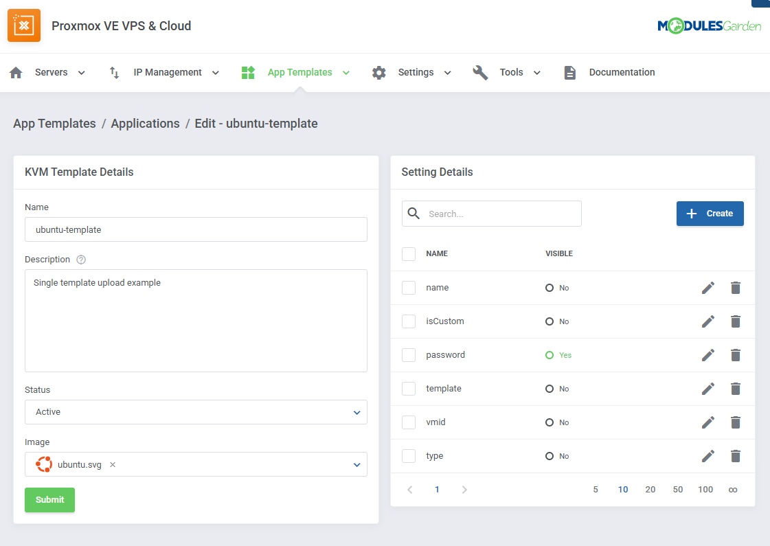 Proxmox VE VPS And Cloud For WHMCS: application edit page with Setting Details list including name, password and vmid