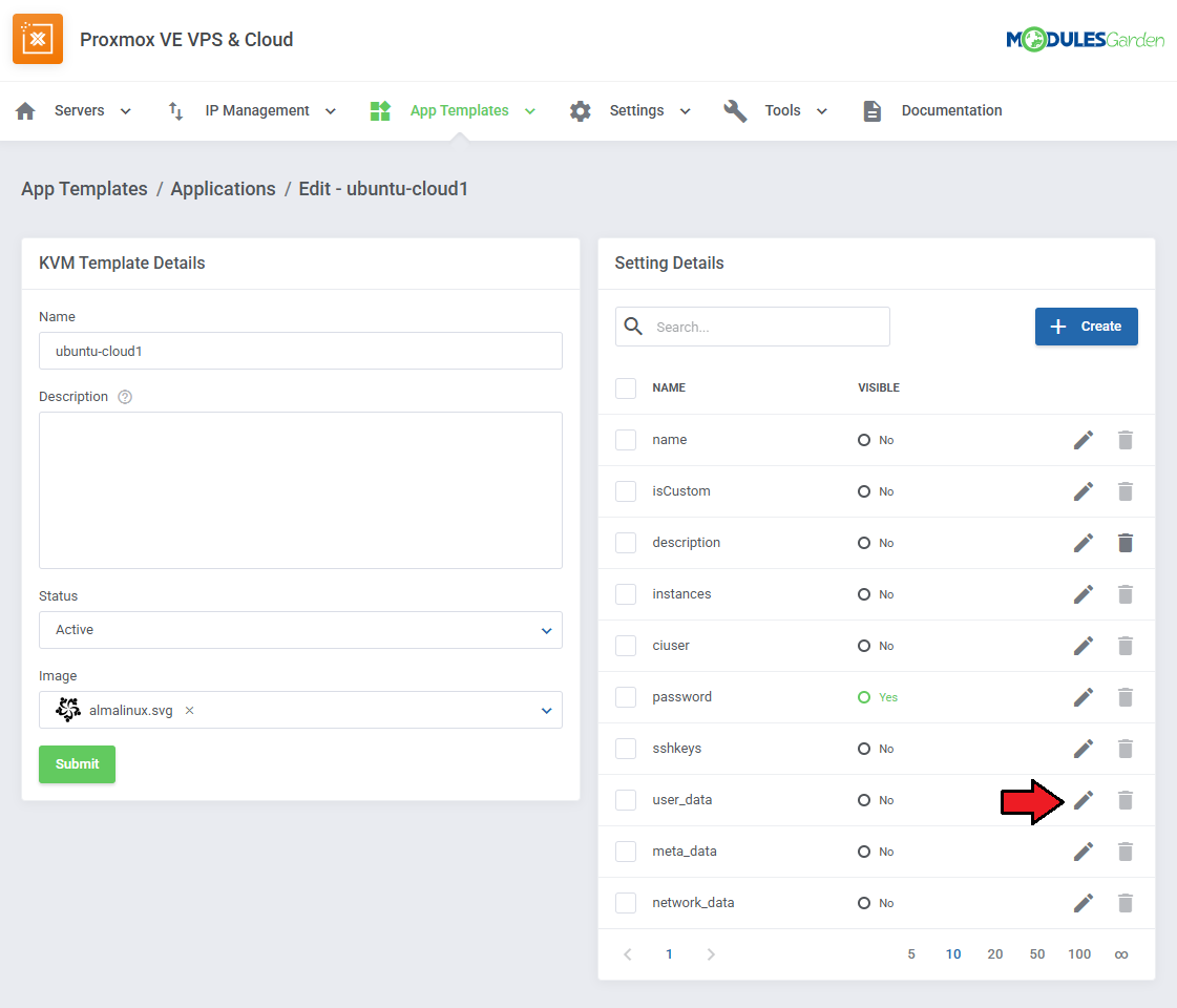 Proxmox VE VPS And Cloud For WHMCS: application edit page with Setting Details list and the user_data edit icon marked