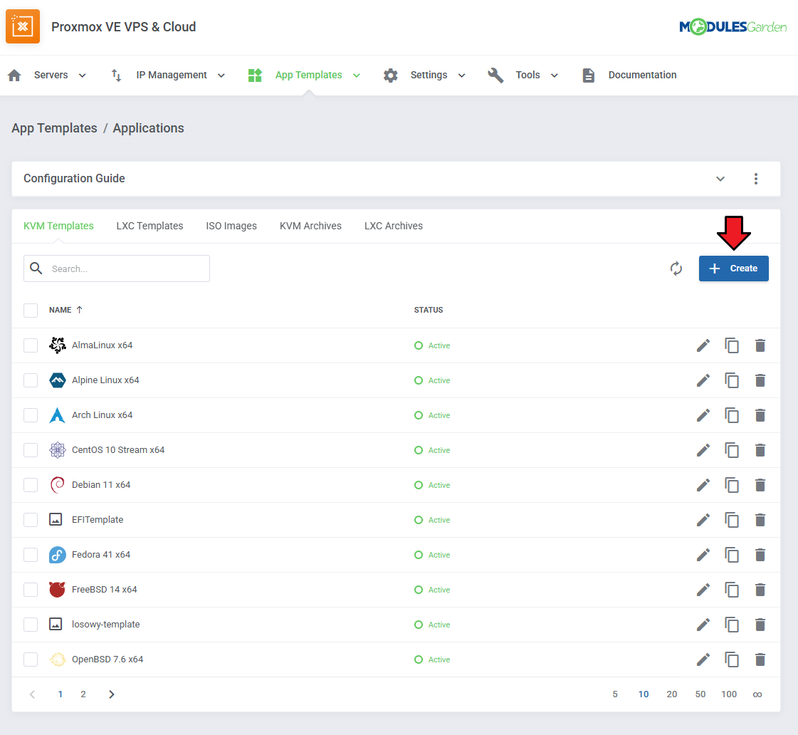Proxmox VE VPS And Cloud For WHMCS: App Templates, Applications list of KVM templates with the Create button marked