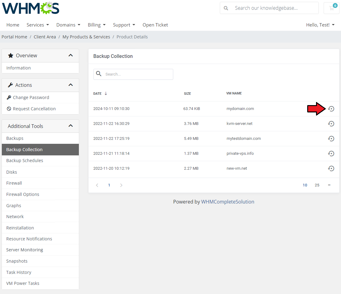 Proxmox VE VPS And Cloud For WHMCS: Backup Collection list with the restore icon highlighted for a backup
