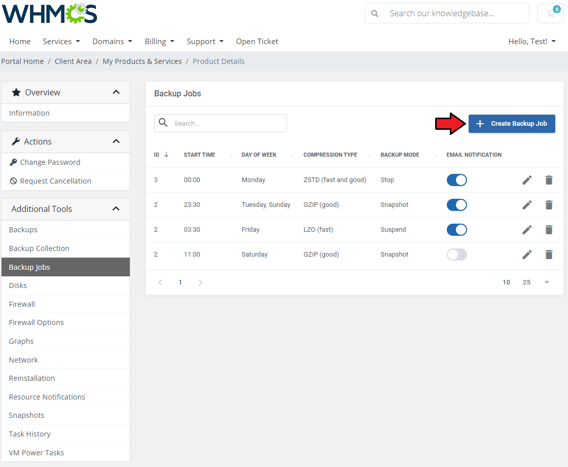 Proxmox VE VPS And Cloud For WHMCS: Backup Jobs list with the Create Backup Job button highlighted