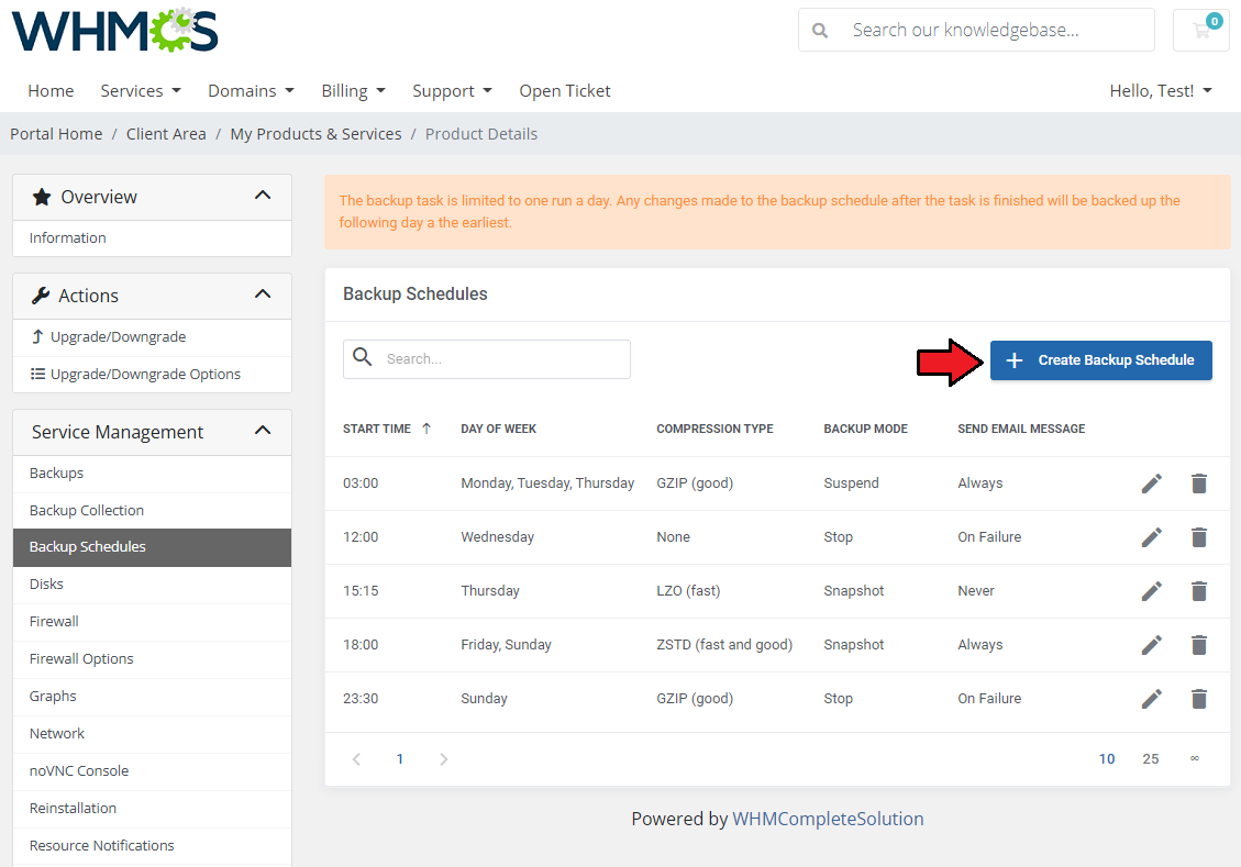 Proxmox VE VPS And Cloud For WHMCS: Backup Schedules list with the Create Backup Schedule button highlighted