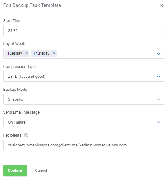 Proxmox VE VPS And Cloud For WHMCS: Edit Backup Task Template form with time, days, compression and recipients