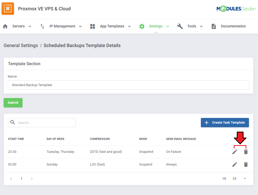 Proxmox VE VPS And Cloud For WHMCS: Scheduled backups template with two task templates and edit and delete icons
