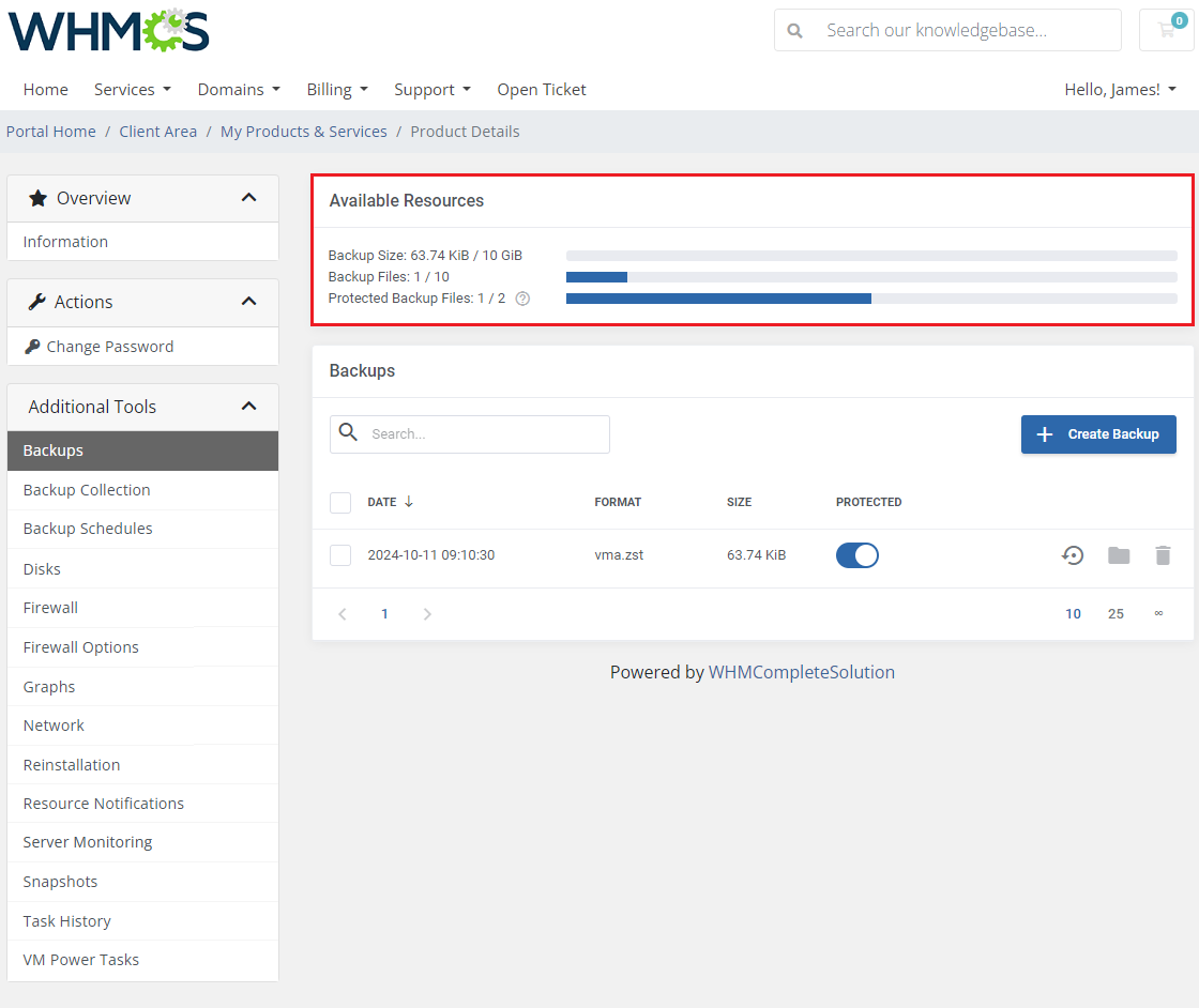 Proxmox VE VPS And Cloud For WHMCS: Backups page with the Available Resources usage bars highlighted