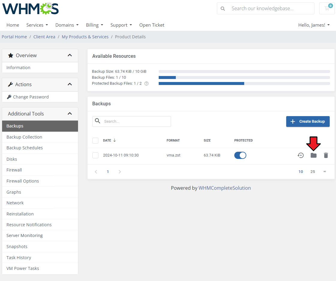 Proxmox VE VPS And Cloud For WHMCS: Backups list with the folder icon for a backup highlighted