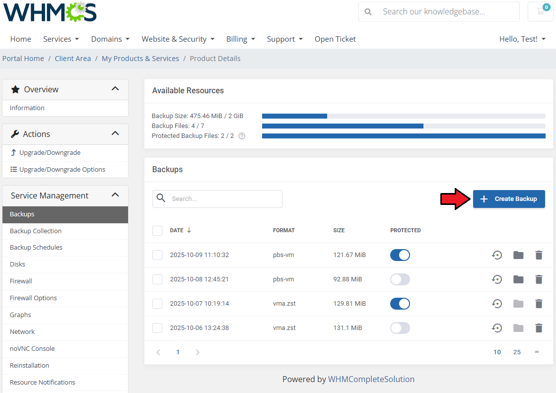 Proxmox VE VPS And Cloud For WHMCS: Backups page with usage bars, backup list and the Create Backup button