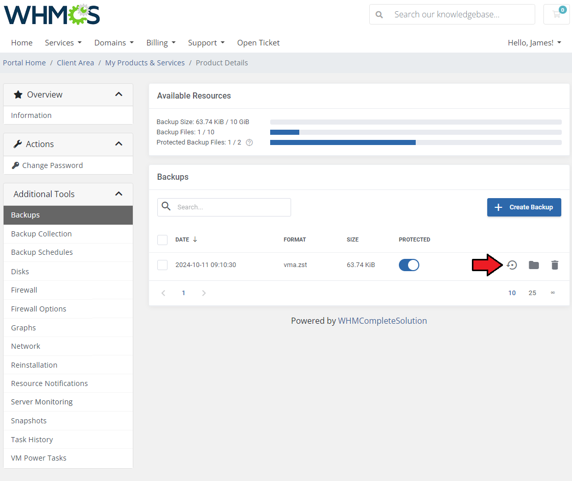 Proxmox VE VPS And Cloud For WHMCS: Backups list with the Restore icon highlighted next to a backup