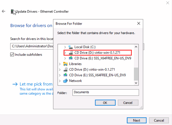 Proxmox VE VPS And Cloud For WHMCS: Browse For Folder dialog with the virtio-win CD drive selected as the driver source