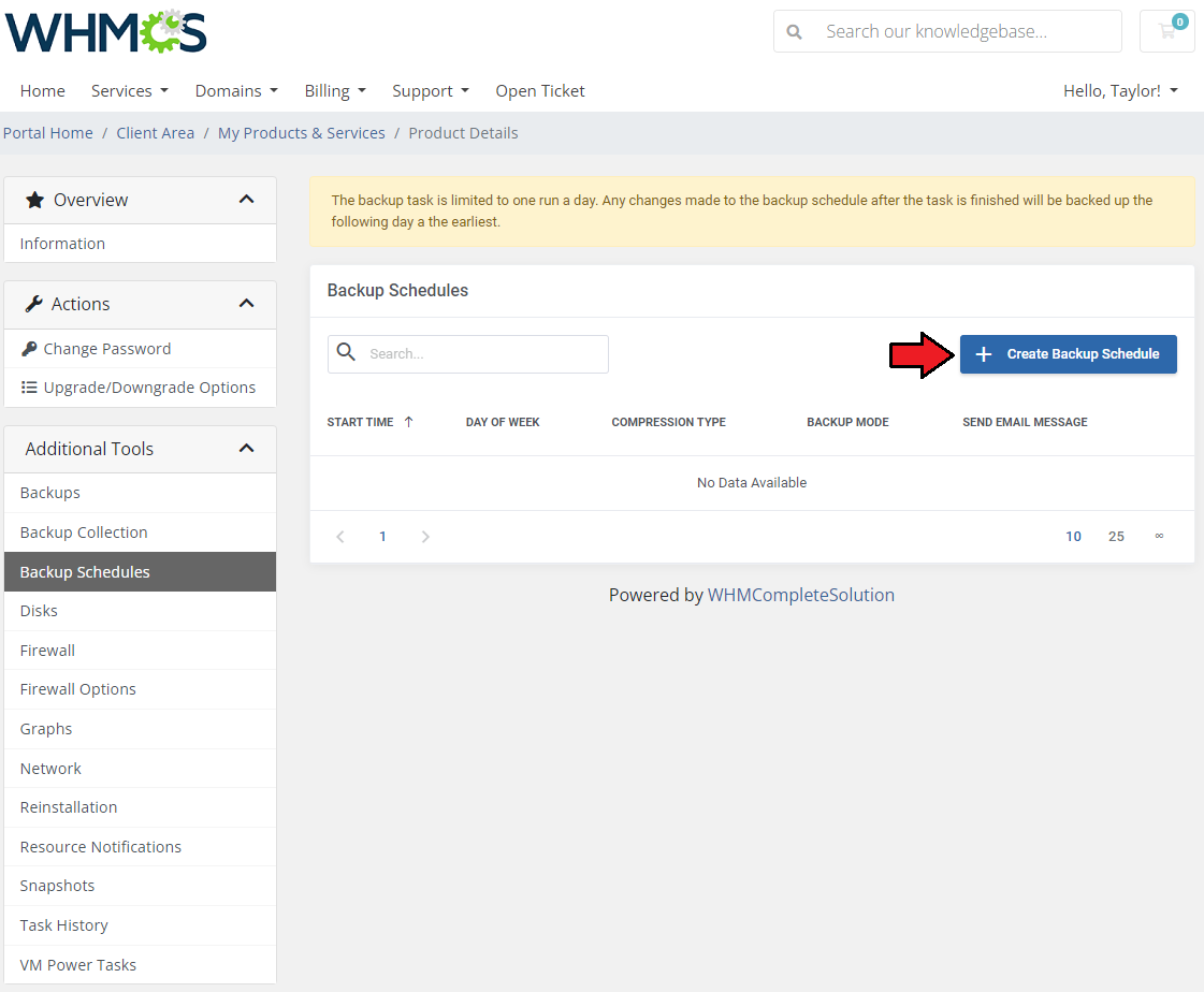 Proxmox VE VPS And Cloud For WHMCS: client area Backup Schedules page with the Create Backup Schedule button