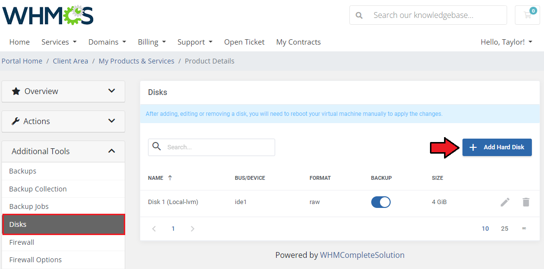Proxmox VE VPS And Cloud For WHMCS: client area Disks page with the Add Hard Disk button and disk table