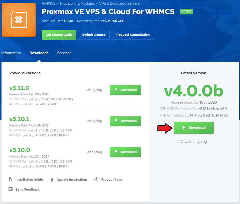 Proxmox VE VPS And Cloud For WHMCS: client area Downloads tab with the Download button for the latest version