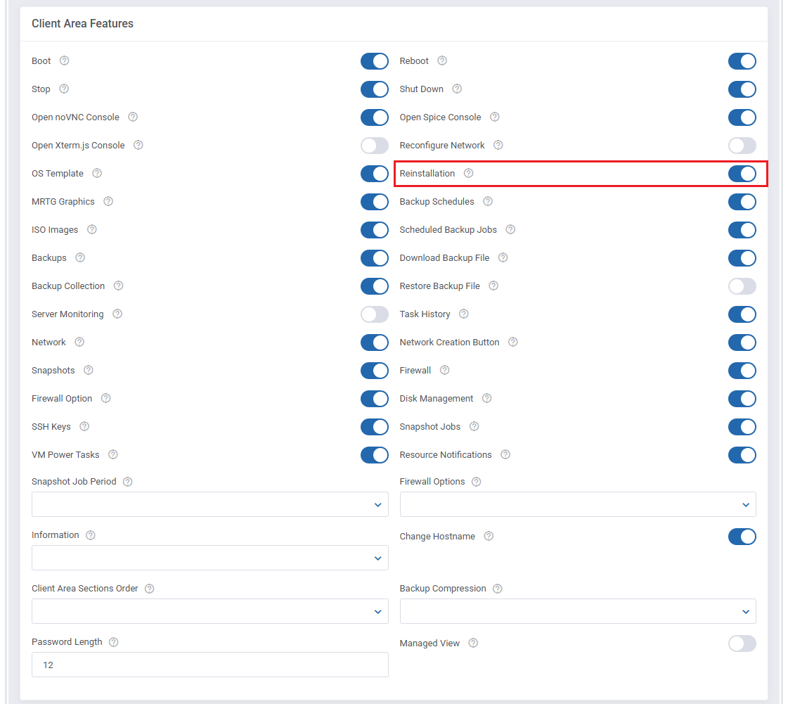 Proxmox VE VPS And Cloud For WHMCS: Client Area Features section of product settings with Reinstallation toggle marked